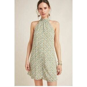 $130 Anthropologie Tropical Palm Leaf Halter Romper Size M Keyhole Back Tie Belt